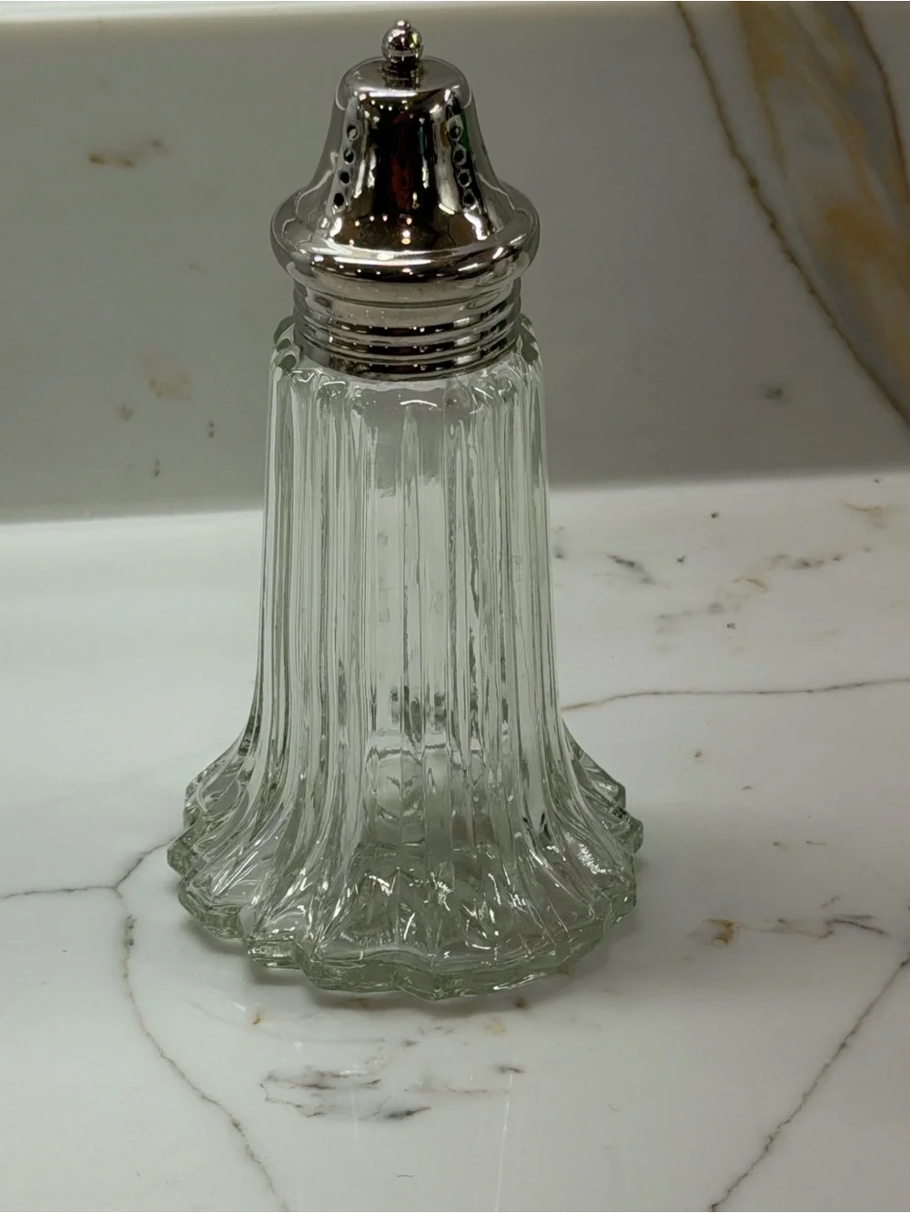 Pressed glass sugar shaker Muffineer with starburst base &silver lid.
